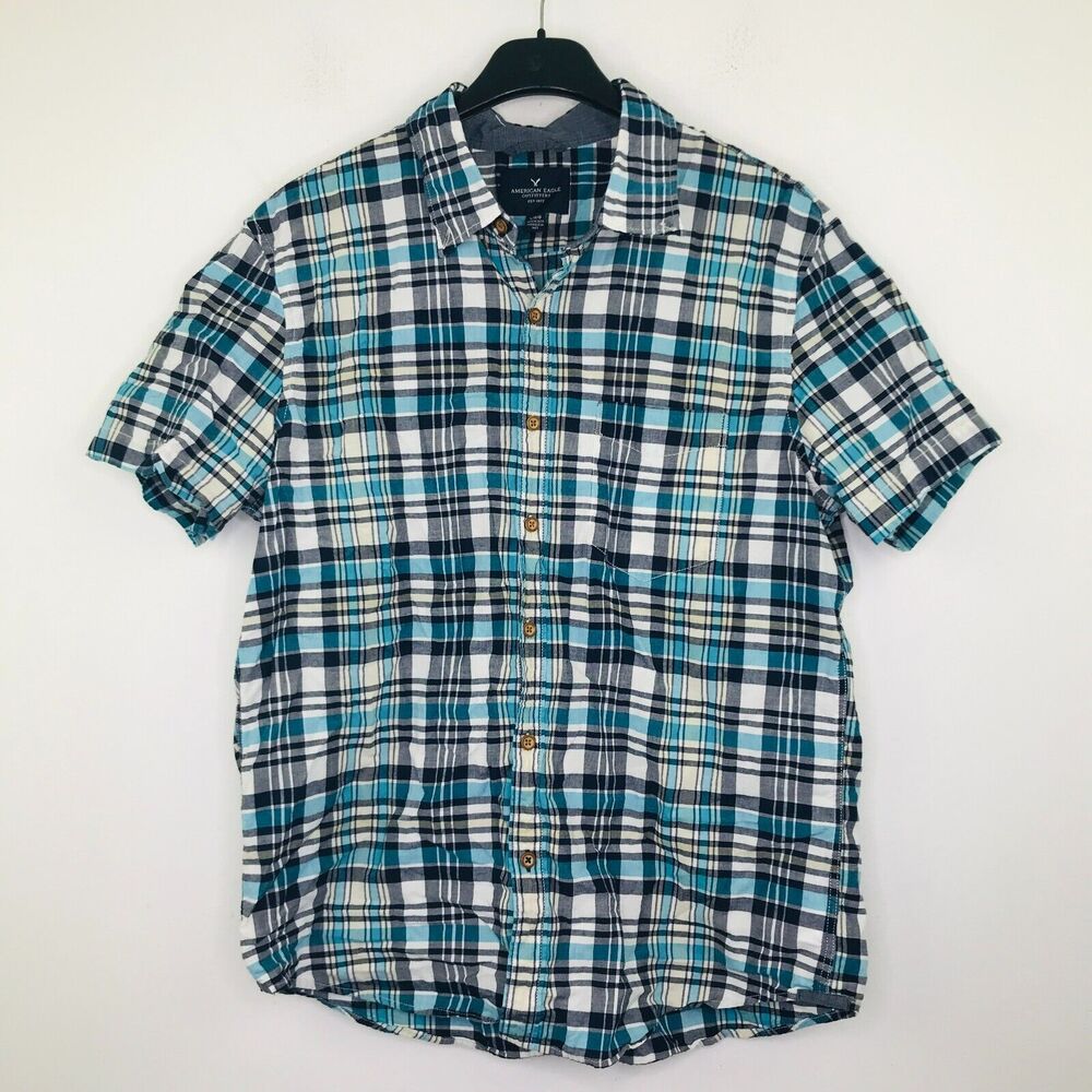 American Eagle Men's Large Shirt Blue White Plaid Short Sleeve Button Up BL27